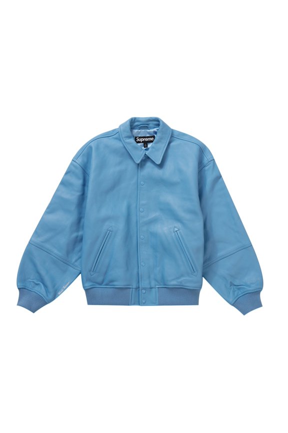 Men's GORE-TEX Infinium WINDSTOPPER Leather Varsity Jacket Light Blue, from StockX