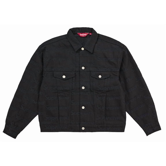 Supreme Men's Jacquard Logos Denim Trucker Jacket Black, from StockX