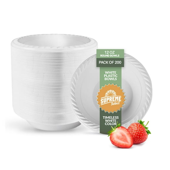 Supreme Select 200 Pack White Plastic Disposable Bowls - 12 oz BPA-Free Microwaveable Bowls with Rim for Soup, Salad, Dessert - Sturdy Disposable Plastic Bowls for Parties, Weddings, Kitchen Use A101