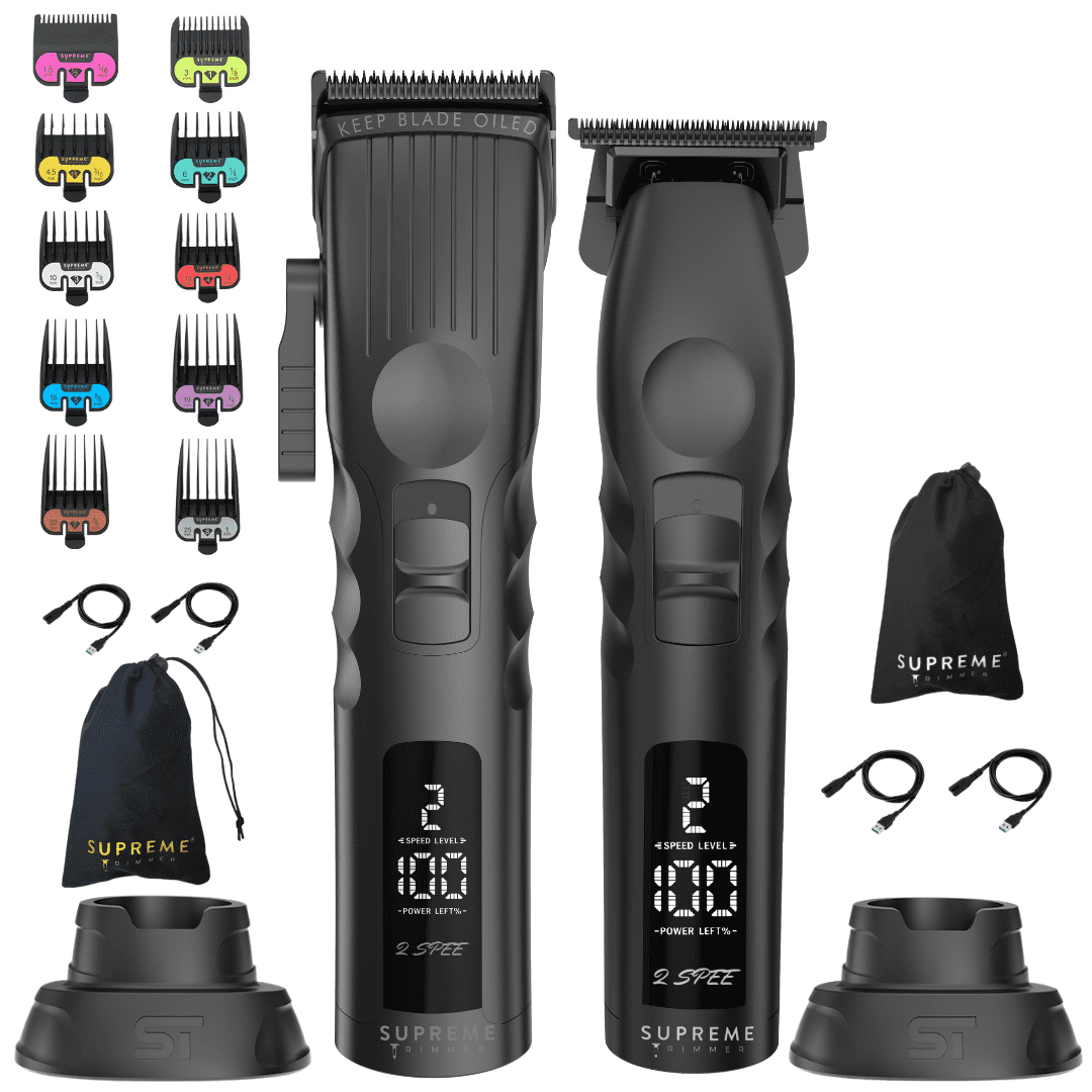 Supreme Trimmer 2-in-1 2Spee Beard Trimmer & Hair Clipper Combo | Removable Blades, 2 Speeds, Battery Display | Cordless Professional Barber Tools - Color Coded Clipper Guide Combs | STB280 Black