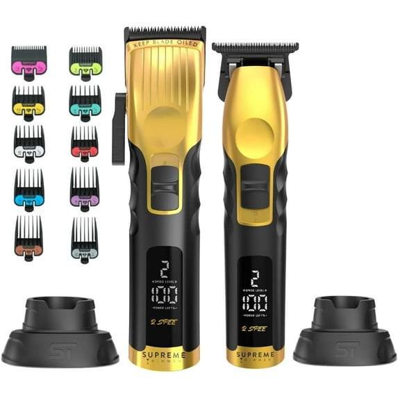 Supreme Trimmer 2-in-1 2Spee Beard Trimmer & Hair Clipper Combo | Removable Blades, 2 Speeds, Battery Display | Cordless Professional Barber Tools - Easy Color Coded Clipper Guide Combs | STB280 Gold