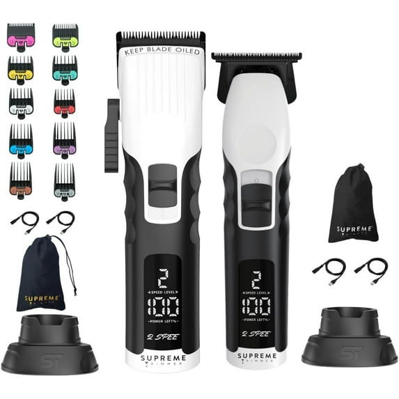 Supreme Trimmer 2-in-1 2Spee Beard Trimmer & Hair Clipper Combo | Removable Blades, 2 Speeds, LCD Display | Cordless Professional Barber Tools - Easy Color Coded Clipper Guide Combs | STB280 White