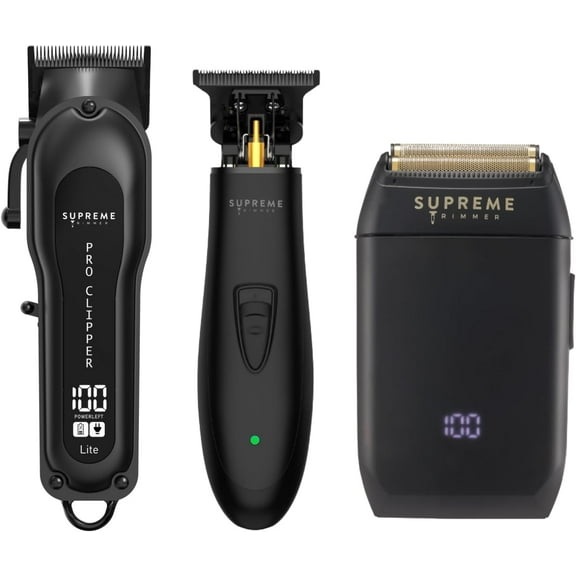 Supreme Trimmer 3-in-1 Barber Bundle | Pro Clipper Lite, T-Shaper Trimmer & Crunch Foil Shaver | Professional Beard Trimmer Men’s Hair Clipper Kit | Black