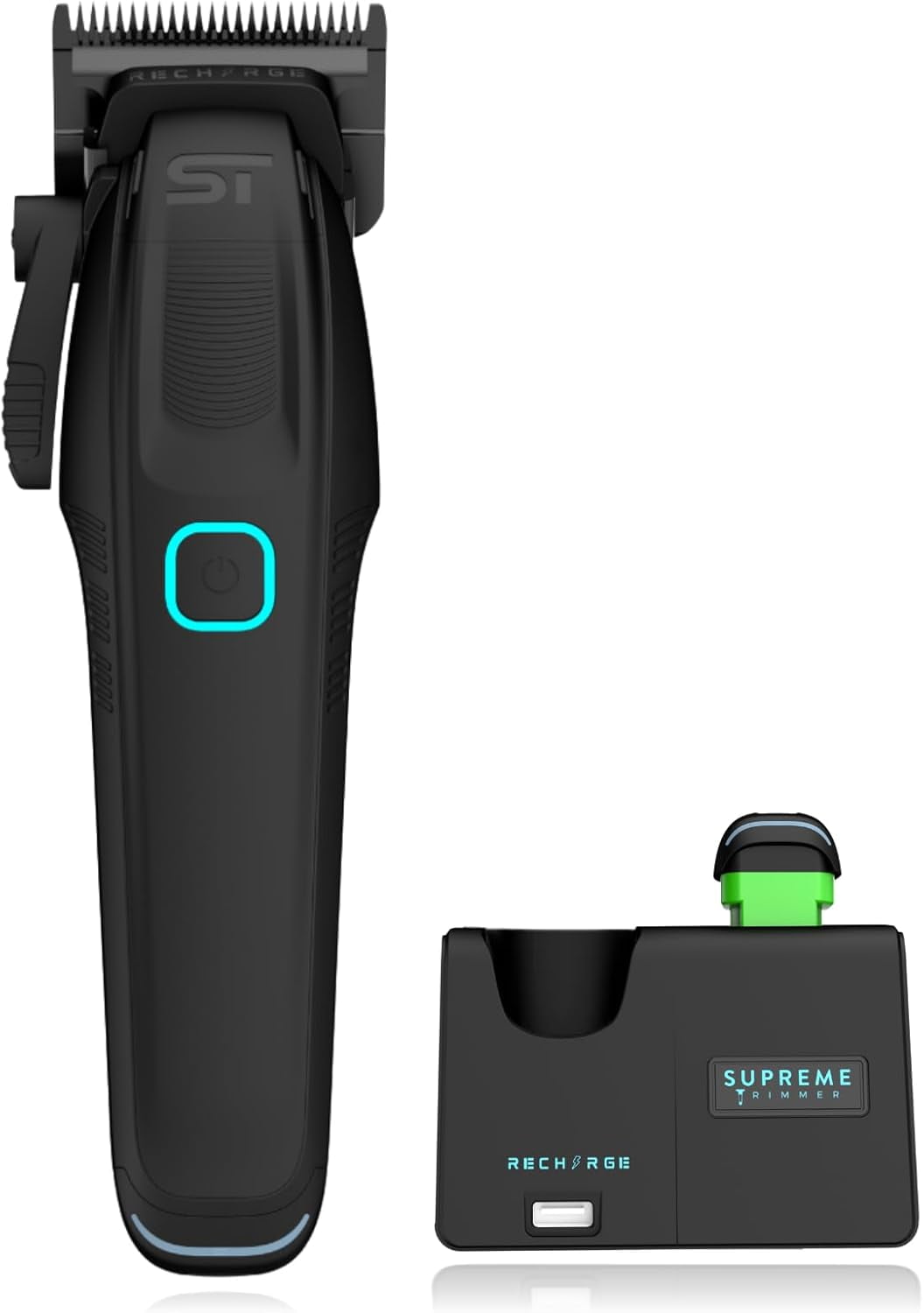 Supreme Trimmer Recharge Clipper - Professional Hair Clipper with 2 Removable Batteries, Brushless Motor, Smart Charge Stand, USB-C Charge & DLC Blades Barbers | STC779