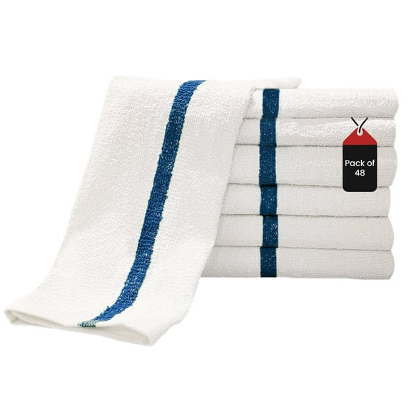 SupremePlus Bulk 16" x 19" White with Blue Stripe Cotton Blend Bar Mop Towels (48 Count)