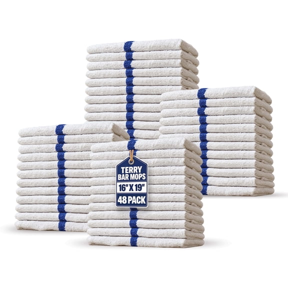 SupremePlus Terry Bar Mop Towels, 48 Pack, 16" x 19", Cotton Blend Dish Towels, White with Blue Stripe, Absorbent Kitchen Cleaning Towels for Home, Restaurants & Commercial Kitchens