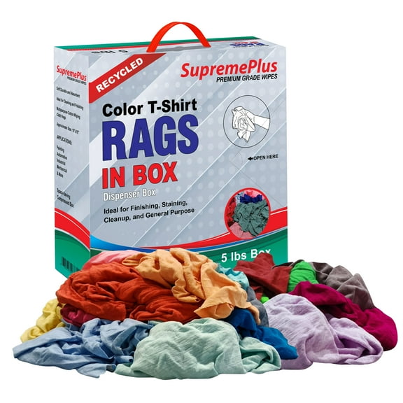 SupremePlus Color Knit T-Shirt Cleaning Rags 5 lbs Compressed Box of Rags Commercial Reusable Multipurpose Cotton Dust Cloths, Multicolor, 45 Count