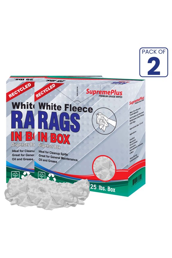 Sweatshirt Fleece Cleaning Rags 2 x 25 lbs Compressed Box of Rags Commercial Reusable Cotton Dust Cloths Value Pack, White, 200 Count