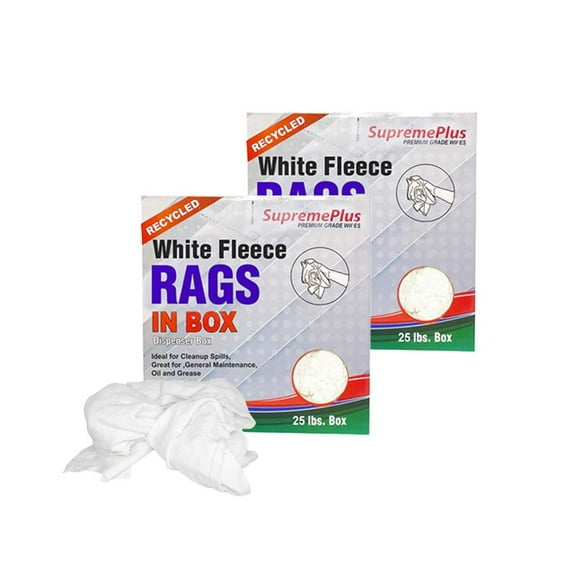 SupremePlus Fleece Cleaning Rags 25 lbs Compressed Box of Rags Commercial Reusable Cotton Dust Cloths Value Pack, White, 200 Count, 2 Pack