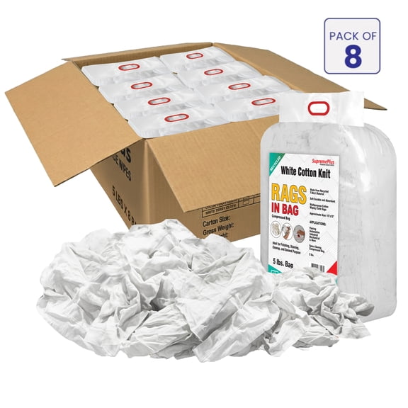 SupremePlus Knit Rags for Cleaning 5 lbs Bag of Rags Reusable Cotton Household Cleaning Cloths & Wipes Value Pack, White, 360 Count, 8 Pack