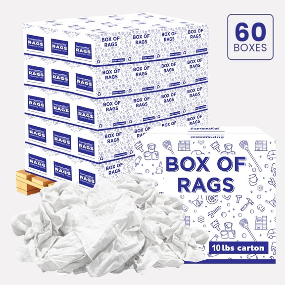 SupremePlus Knit T Shirt Rags for Cleaning 600 lbs Pallet-60x10 lbs Box of Rags Reusable Cotton Dust Cloths Value Pack, White, 5400 Count, 60 Pack