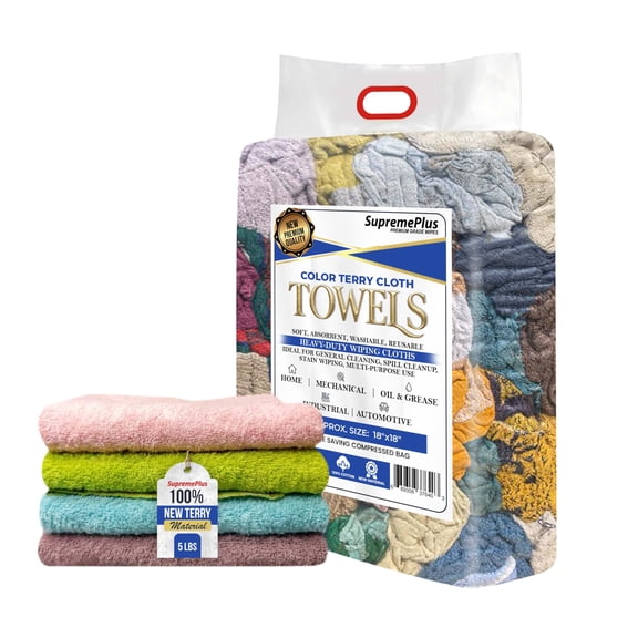 SupremePlus New Assorted Colors Terry Cloth Cleaning Rags 5 lbs Bag of Rags Commercial Multipurpose Cotton Dust Cloths, Multicolor, 20 Count