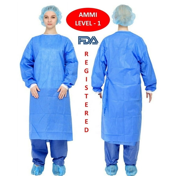 SupremePlus AAMI Level 1 30 GSM Polypropylene Disposable Isolation Gowns, Blue, Large, 10-Pack