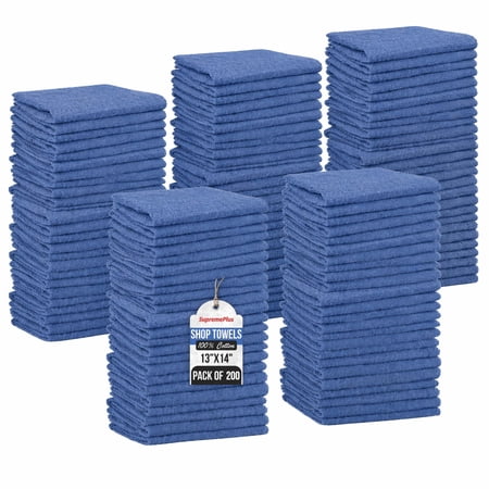 SupremePlus Blue Shop Towels 200 Pack, 13 x 14 Inches, Reusable Cotton Cleaning Rags for Commercial, Household, Garage, and Workshop Use