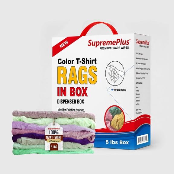 SupremePlus New Colored Cotton Knit T-Shirt Rags, 5 lb Box of Rags, Multipurpose Cloth Rags for Dusting, Household Cleaning & DIY Projects, Absorbent Shop Rags for Home & Commercial Use (CBX)