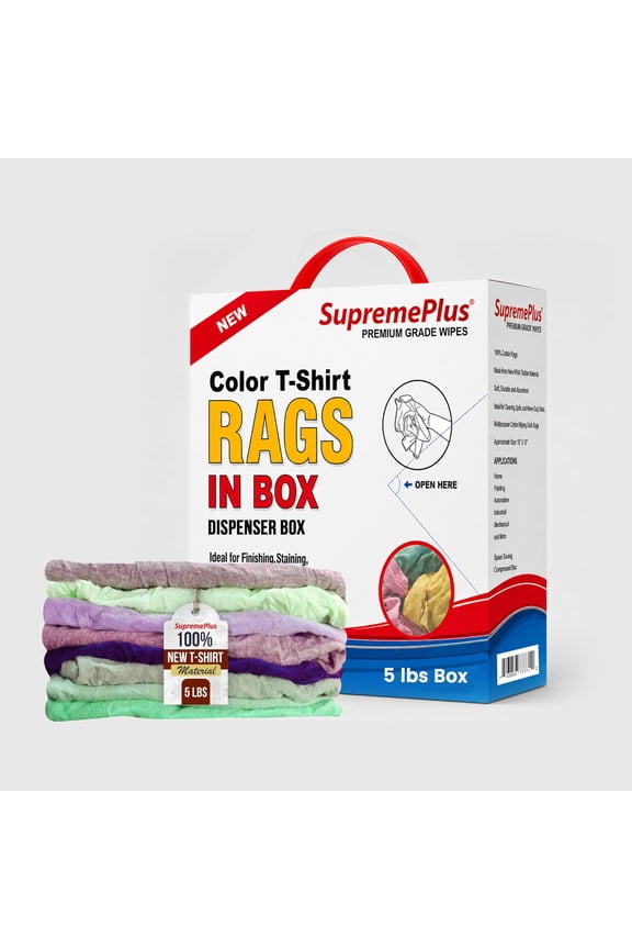New Colored Cotton Knit T-Shirt Rags, 5 lb Box of Rags, Multipurpose Cloth Rags for Dusting, Household Cleaning & DIY Projects, Absorbent Shop Rags for Home & Commercial Use (CBX)