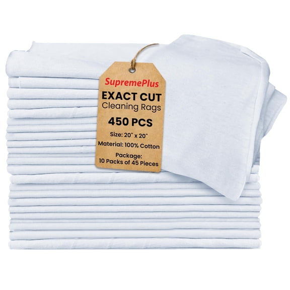 SupremePlus New Exact Cut Knit Cleaning Rags 10 Packs of 45 Pieces Household Commercial Heavy Duty Cotton Dust Cloths, White, 450 Count