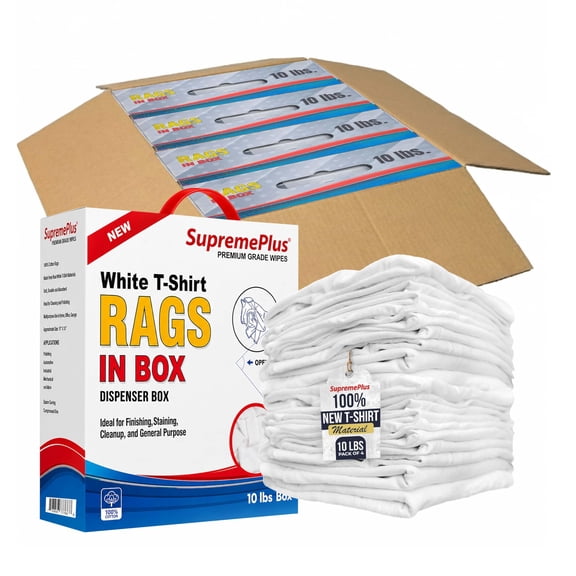 SupremePlus Premium New White Cotton Knit T-Shirt Rags Bulk, 10 lb Box of Rags - Pack of 4, Shop Rags for Painting, Staining, Polishing, Grease Cleanup, Auto, Shop, Garage, and Industrial Use (CBX)