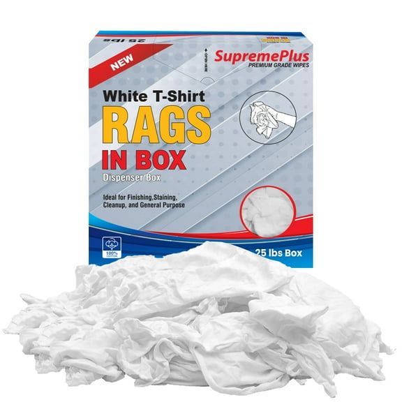SupremePlus New Knit T-Shirt Cleaning Wiping Rags 25 lbs Compressed Box of Rags Commercial All Purpose Reusable Cotton Dust Cloths, White, 175 Count