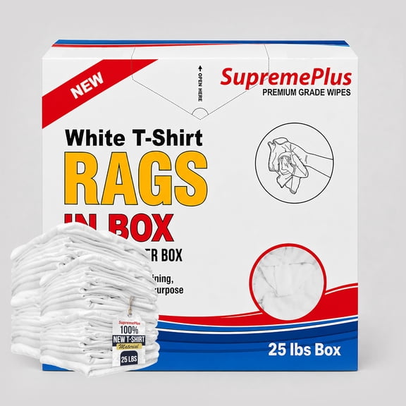 SupremePlus Premium New White Cotton Knit T-Shirt Rags, 25 lb Box of Rags, Durable, and Absorbent Bulk Rags for Painting, Staining, Polishing, Grease Cleanup, Shop, Garage, and Workshop Use (CBX)