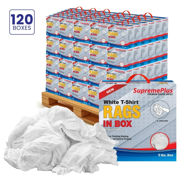 SupremePlus New Knit T-Shirt Cleaning Wiping Rags 600 lbs Pallet-120x5 lbs Compressed Box Cotton Dust Cloths Value Pack, White, 4200 Count, 120 Pack