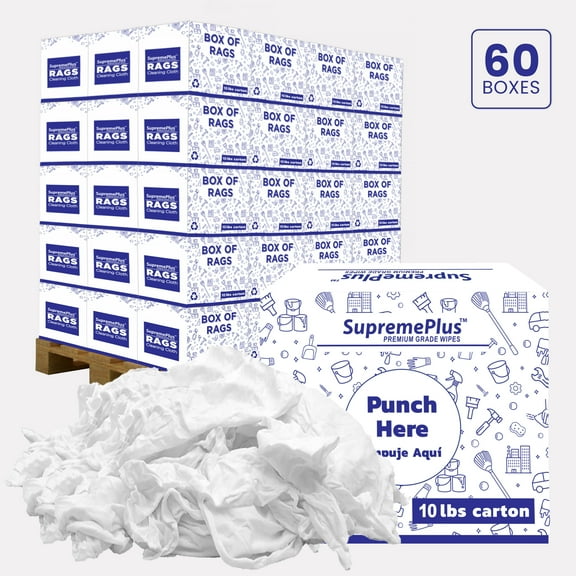 SupremePlus New Knit T-Shirt Cleaning Wiping Rags 600 lbs Pallet-60x10 lbs Box Commercial Cotton Dust Cloths Value Pack, White, 4200 Count, 60 Pack