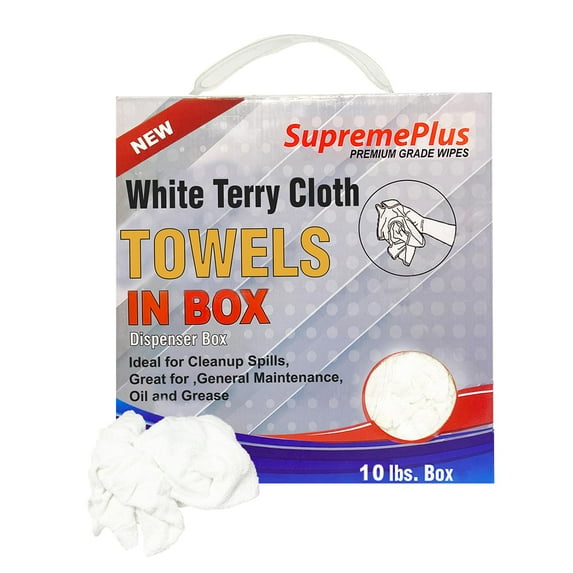 SupremePlus New Terry Cloth Cleaning Rags 10 lbs Compressed Box of Rags Commercial Reusable Cotton Household Cleaning Cloths & Wipes, White, 40 Count