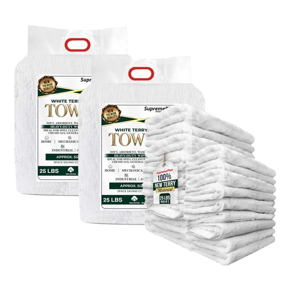 SupremePlus New Terry Cloth Cleaning Rags 25 lbs Bag of Rags Commercial All Purpose Reusable Cotton Dust Cloths Value Pack, White, 200 Count, 2 Pack