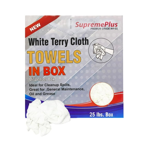 SupremePlus New Terry Cloth Cleaning Rags 25 lbs Compressed Box of Rags Commercial Reusable Cotton Household Cleaning Cloths & Wipes, White, 100 Count