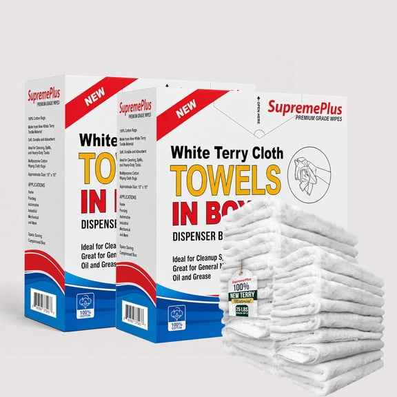 SupremePlus New Terry Cloth Cleaning Rags 25 lbs Compressed Box of Rags Commercial Reusable Cotton Dust Cloths Value Pack, White, 200 Count, 2 Pack