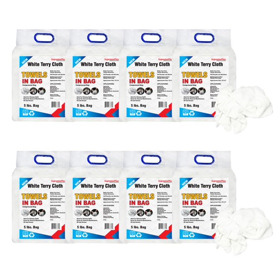SupremePlus New Terry Cloth Cleaning Rags 5 lbs Bag of Rags Commercial All Purpose Reusable Cotton Dust Cloths Value Pack, White, 160 Count, 8 Pack