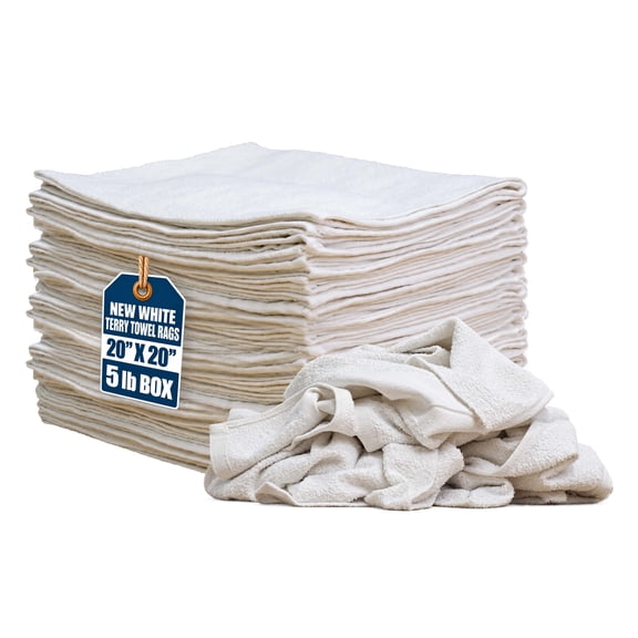SupremePlus New Terry Cloth Cleaning Rags 5 lbs Box of Rags Commercial Reusable Heavy Duty Cotton Household Cleaning Cloths & Wipes, White, 15 Count