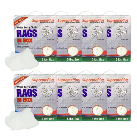 SupremePlus New Terry Cloth Cleaning Rags 5 lbs Compressed Box of Rags Commercial Multipurpose Cotton Dust Cloths Value Pack, White, 160 Count, 8 Pack