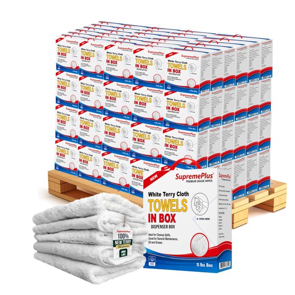 SupremePlus New Terry Cloth Cleaning Rags 600 lbs Pallet-120x5 lbs Compressed Box Reusable Cotton Dust Cloths Value Pack, White, 2400 Count, 120 Pack