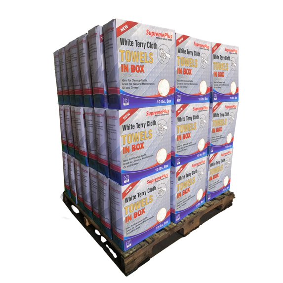 SupremePlus New Terry Cloth Cleaning Rags 600 lbs Pallet-60x10 lbs Compressed Box Reusable Cotton Dust Cloths Value Pack, White, 2400 Count, 60 Pack