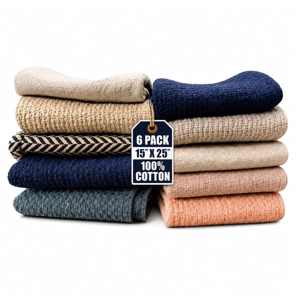 SupremePlus 100% Cotton Waffle Weave Kitchen Towels, 6 Pack, 15 x 25, Super Soft, Durable & Absorbent Dish Towels in Assorted Colors & Patterns