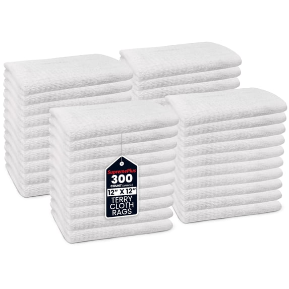 SupremePlus Multipurpose Durable Terry Cloth Rags 12" x 12" Soft Cotton Washcloths, White 300 Count