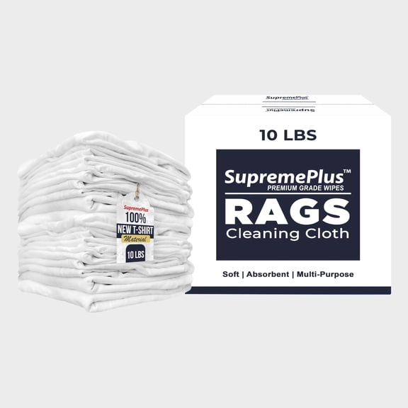 SupremePlus Premium New White Cotton Knit T-Shirt Rags for Cleaning, 10 lb Rags in a Box, Multipurpose Shop Rags for Painting, Staining, Polishing, Grease Cleanup, Auto, Garage, and Industrial Use