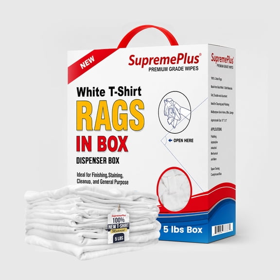 SupremePlus Premium New White Cotton Knit T-Shirt Rags, 5 lb Rags in a Box, All-Purpose Cleaning Rags for Painting, Staining, Polishing, Grease Cleanup, Auto, Shop, Garage, and Workshop Use (CBX)