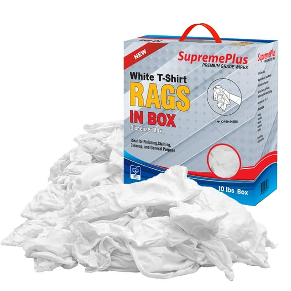 SupremePlus New Knit T-Shirt Cleaning Wiping Rags 10 lbs Compressed Box of Rags Commercial All Purpose Reusable Cotton Dust Cloths, White, 70 Count