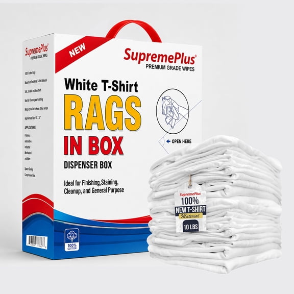 SupremePlus Premium New White Cotton Knit T-Shirt Rags, 10 lb Box of Rags, Absorbent Staining Rags for Painting, Staining, Polishing, Grease Cleanup, Auto, Shop, Garage, and Industrial Use (CBX)