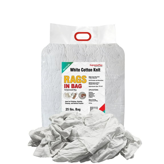 SupremePlus Knit T Shirt Rags for Cleaning 25 lbs Bag of Rags Commercial Multipurpose Cotton Household Cleaning Cloths & Wipes, White, 225 Count