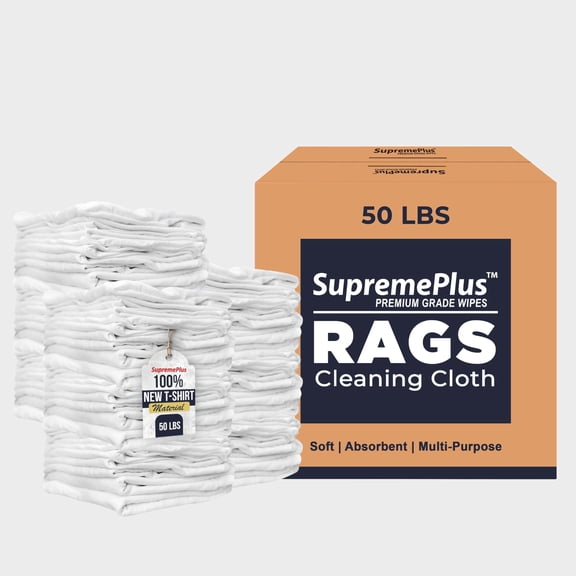 SupremePlus Premium New White Knit T-Shirt Rags Bulk, 50 lb Box of Rags, Soft Cotton Cleaning Rags for Painting, Staining, Polishing, Grease Cleanup, Shop, Auto, Garage, Workshop, and Industrial Use