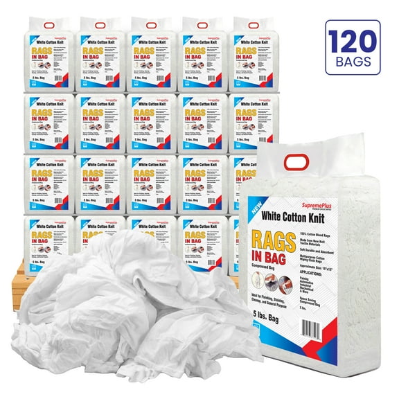 SupremePlus New Knit T-Shirt Cleaning Wiping Rags 600 lbs Pallet-120x5 lbs Bag Commercial Cotton Dust Cloths Value Pack, White, 4200 Count, 120 Pack