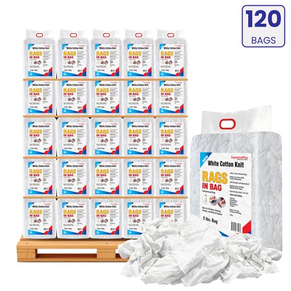 SupremePlus New Knit T-Shirt Cleaning Wiping Rags 600 lbs Pallet-120x5 lbs Bag Commercial Cotton Dust Cloths Value Pack, White, 4200 Count, 120 Pack