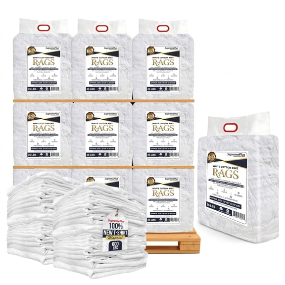 SupremePlus Premium New White Cotton Knit TShirt Rags, 600 lb Bulk Pallet, 24 x 25 lb Bag of Rags, Soft Paint Rags for Painting, Staining, Polishing, Grease Cleanup, Auto, Garage, and Industrial Use
