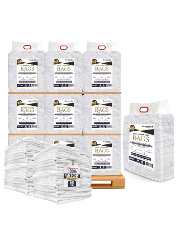 Premium New White Cotton Knit TShirt Rags, 600 lb Bulk Pallet, 24 x 25 lb Bag of Rags, Soft Paint Rags for Painting, Staining, Polishing, Grease Cleanup, Auto, Garage, and Industrial Use