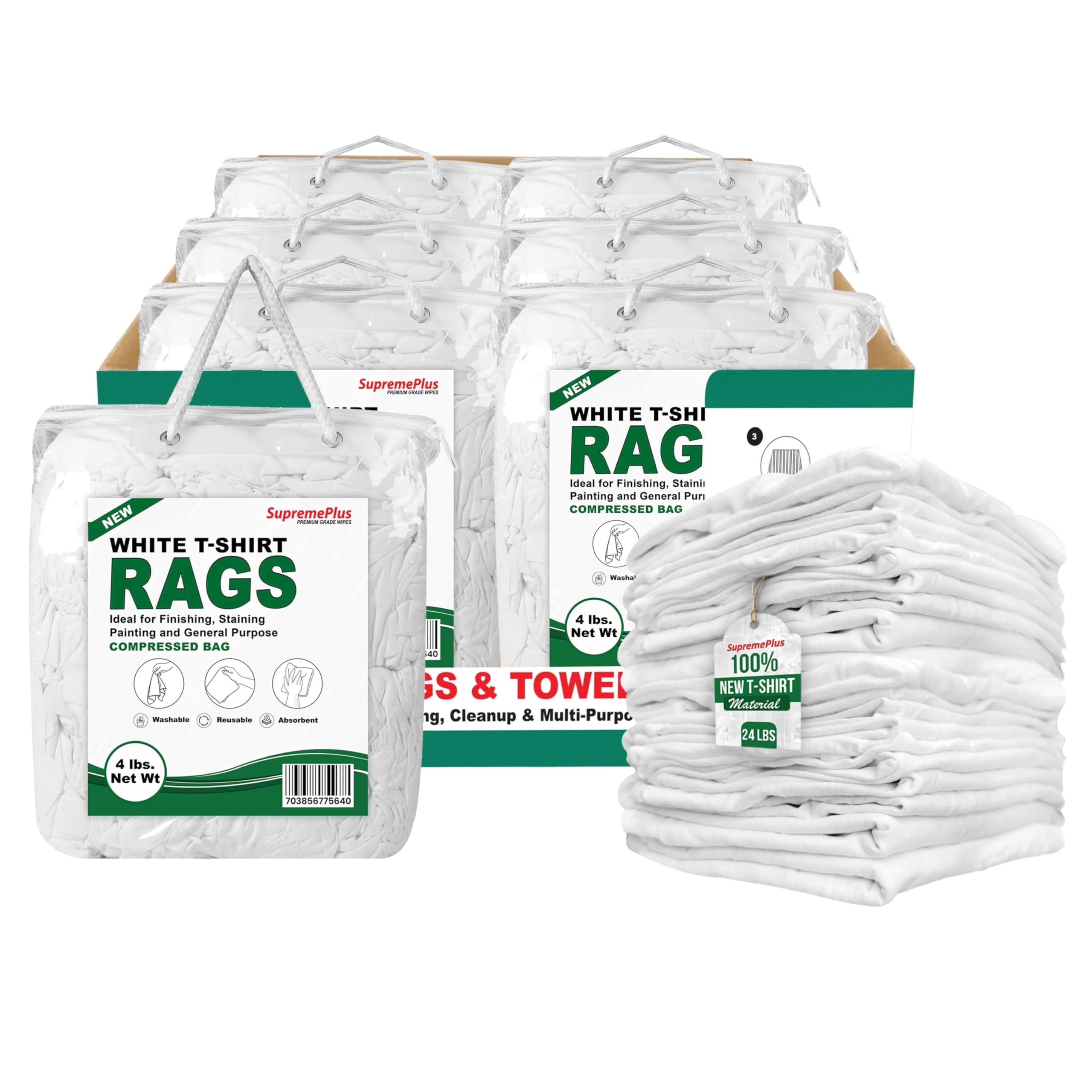 Single Use Rags SupremePlus Premium New White Cotton Knit TShirt Rags Bulk, 4 lb Bag of ...