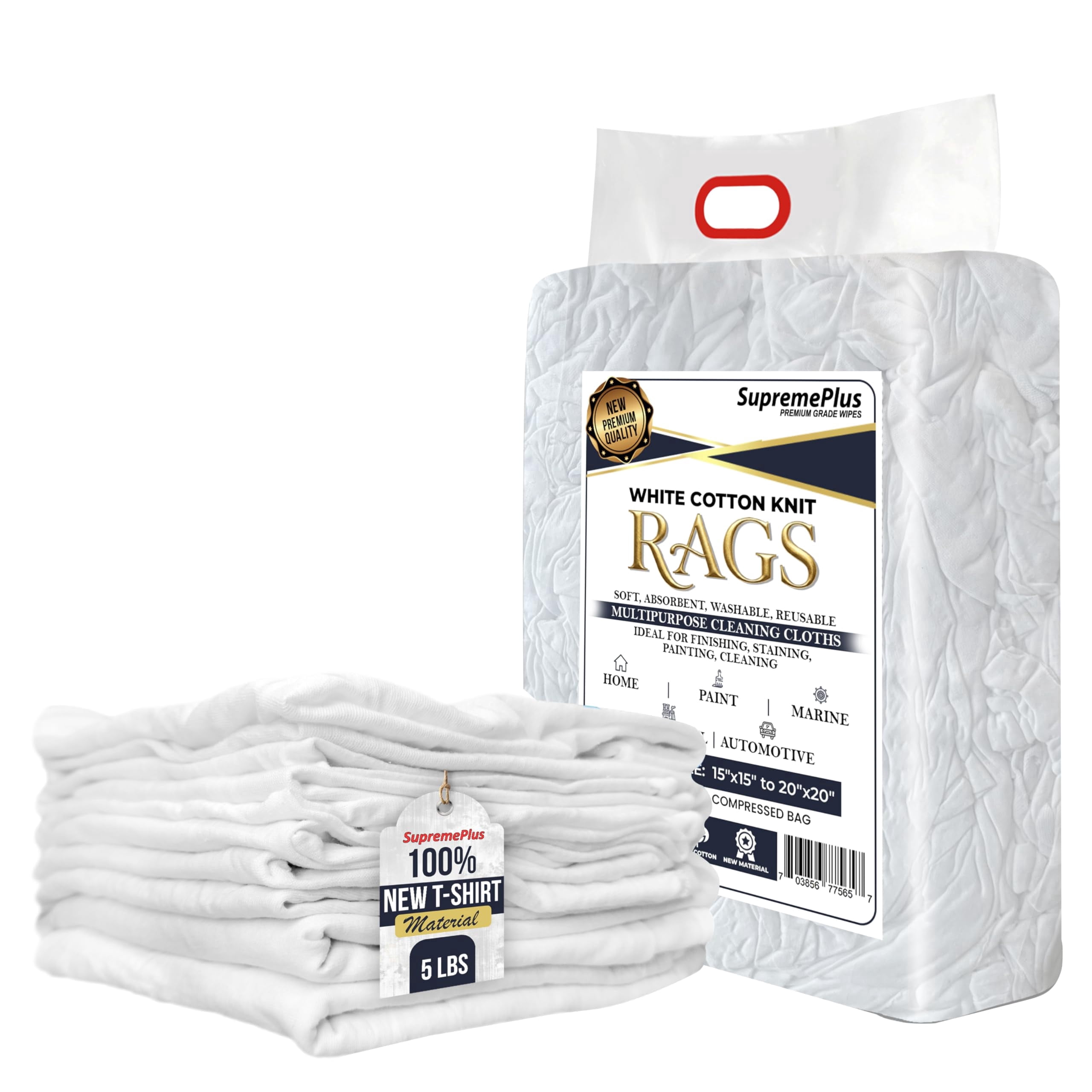 Paint Prep Rags SupremePlus Premium New White Cotton Knit T-Shirt Rags, 5 lb Bag of ...