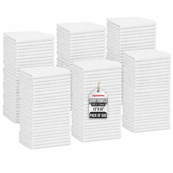 SupremePlus White Shop Towels 500 Count Bulk Value Pack, 13 x 14 Inches, Cotton Cleaning Rags for Commercial, Automotive, Garage, and DIY Projects
